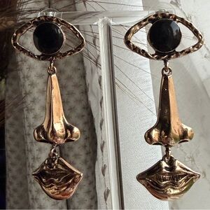 Gold-Tone Black Eye Nose & Lip Dangle Fashion Statement Pierced Earrings 2.75”